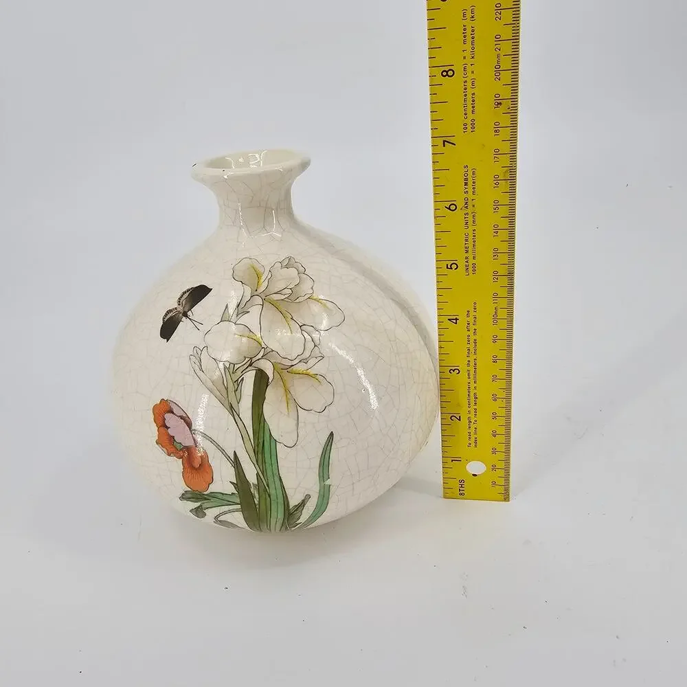 Vintage Japanese Crackle Craze Pottery Vase Butterfly Floral White 7” Tall